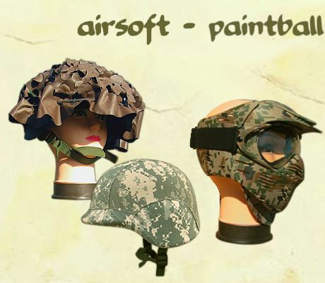 vybavenie pre airsoft a paintball, návleky na helmy helmy, masky na tvár, taktická výstroj, kamuflážny poťah na helmu